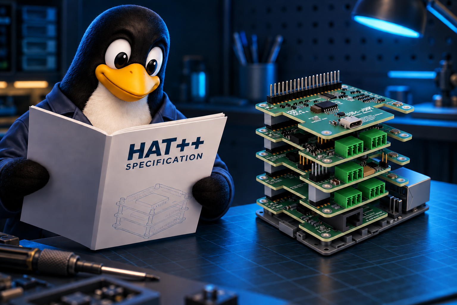 Penguin holding the HAT++ specification beside a stack of expansion boards