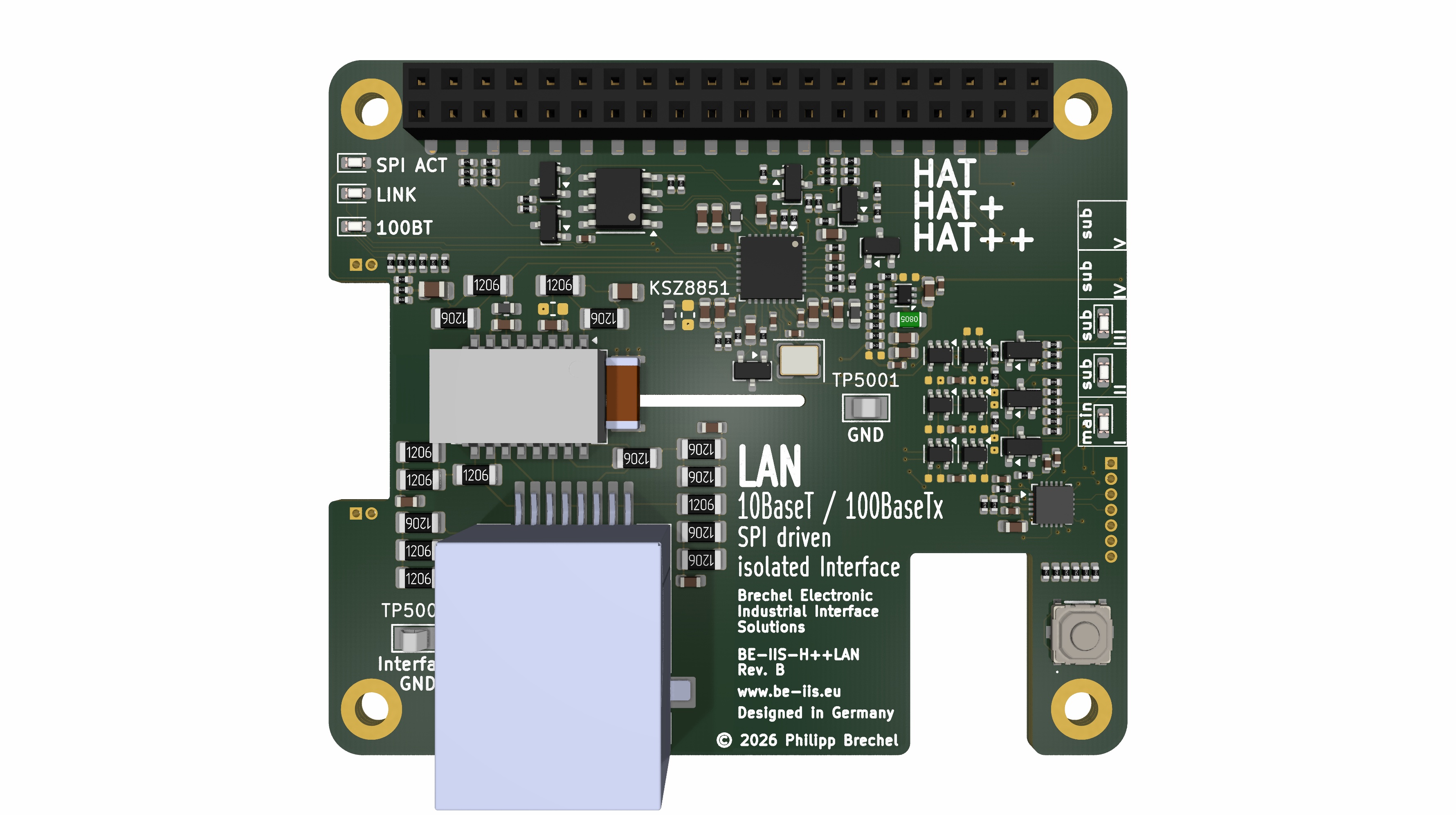 Isolated 100BASE-TX Industrial Ethernet HAT++ for Raspberry Pi