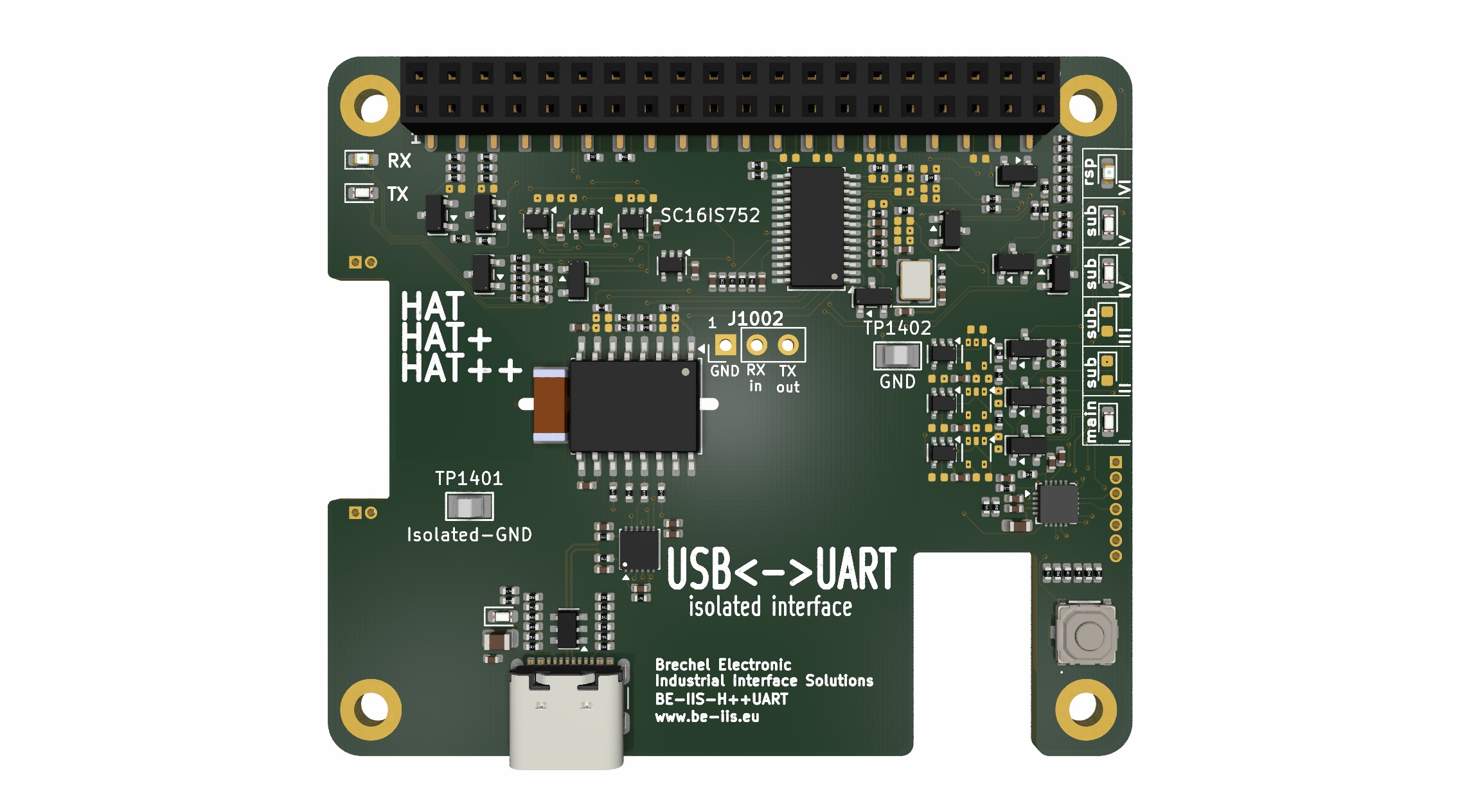 Isolated USB to Dual UART Industrial HAT++ for Raspberry Pi